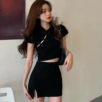 Femei T-shirt, cu o Fusta Costume 2021 Vara cu Maneci Scurte T-shirt pentru Femei Vintage Topuri coreeană de Moda de Îmbrăcăminte pentru Femei Black/Grey