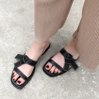 2021 Noi Femeile de Vară Autentică de Vacă din Piele Papuci Negru Bej Pantofi Doamnelor Dulce Papion Brand Designer de Diapozitive, Flip Flops
