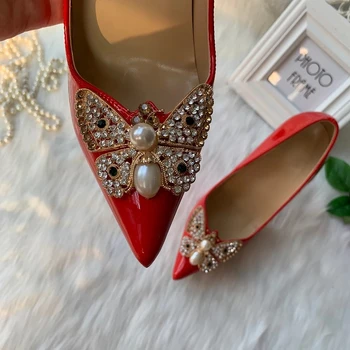 Tikicup 2021 Moda Sclipici Fluture Decor Femei Brevet a Subliniat Toe Stilet Pompe Doamne Elegante de Nunta Pantofi de Mireasa 12cm