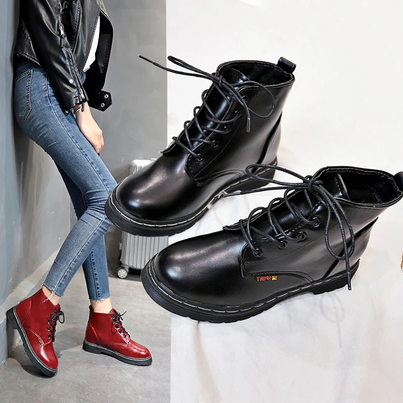 Pantofi Low-Toc Botine Cizme De Moda Femeie Martins Pentru Femei Dantelă Sus Rotund Toe Papuceii Doamnelor Punk Rock Cauciuc Toamna Anului 2020 Mid