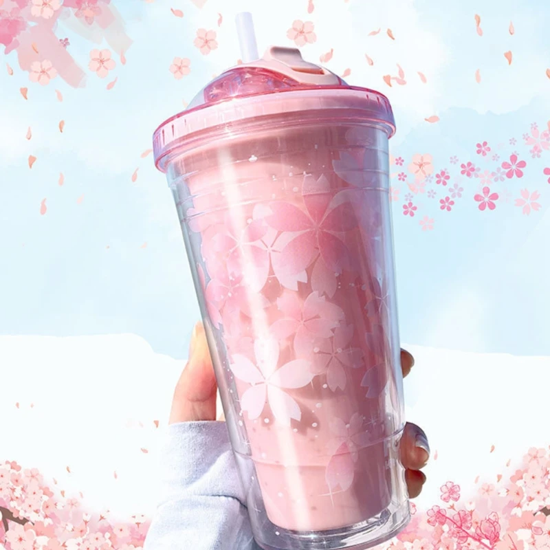 Sakura pahar de Plastic cu Capac Paie Sticla de Apa de Băut Suc de Cafea cu Lapte Cana cu Perete Dublu Izolat Pahar BPA Free