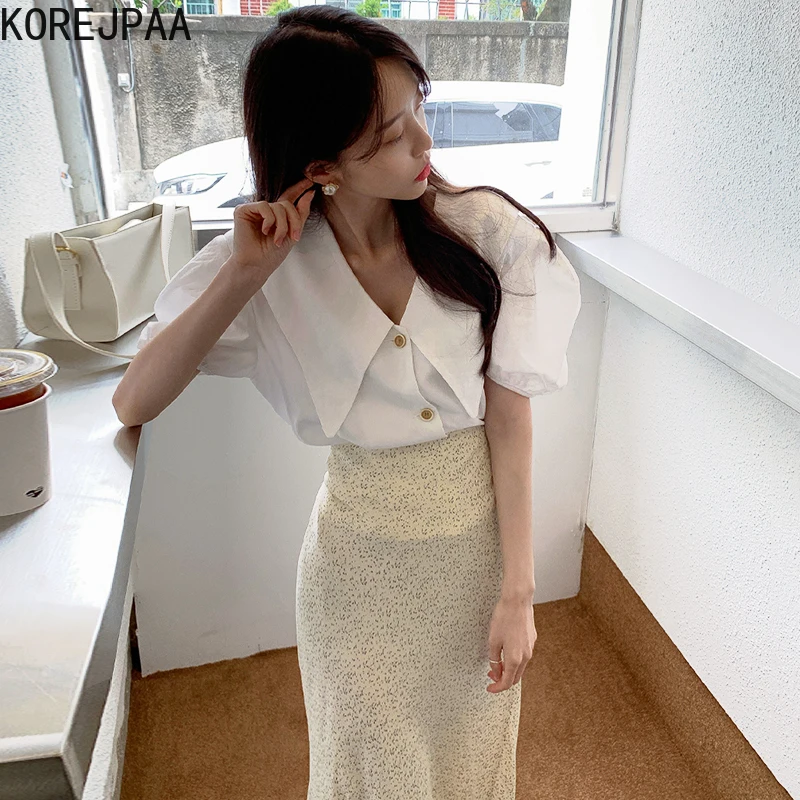 Korejpaa Femei Seturi De Vară 2021 Coreean Chic Dulce Temperament Rever Liber Puff Maneca Cămașă De Înaltă Talie Mică Fusta Florale
