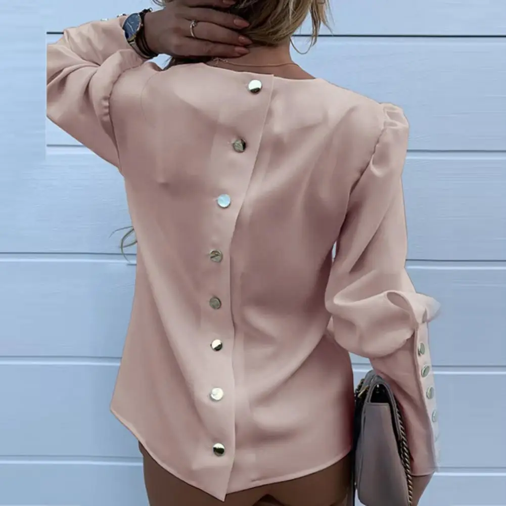 Moda OL Femei Bluze Office Lady Metal Buton Înapoi cu Maneci Lungi Puf Umăr Bluza Tricou Casual de Top O-Gât Toamna Haine 3xl