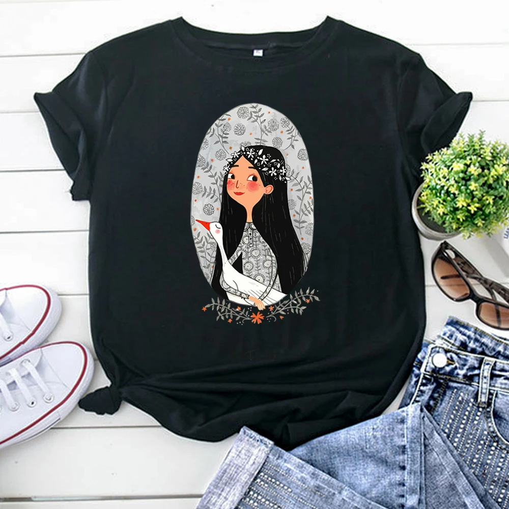 Kawaii Tricouri Fată care Deține Gâscă Frumoasă Imprimare Tricouri Femei din Bumbac Hip Hop Tricou Pentru Femei de Vintage Femeie Maneca Scurta Top