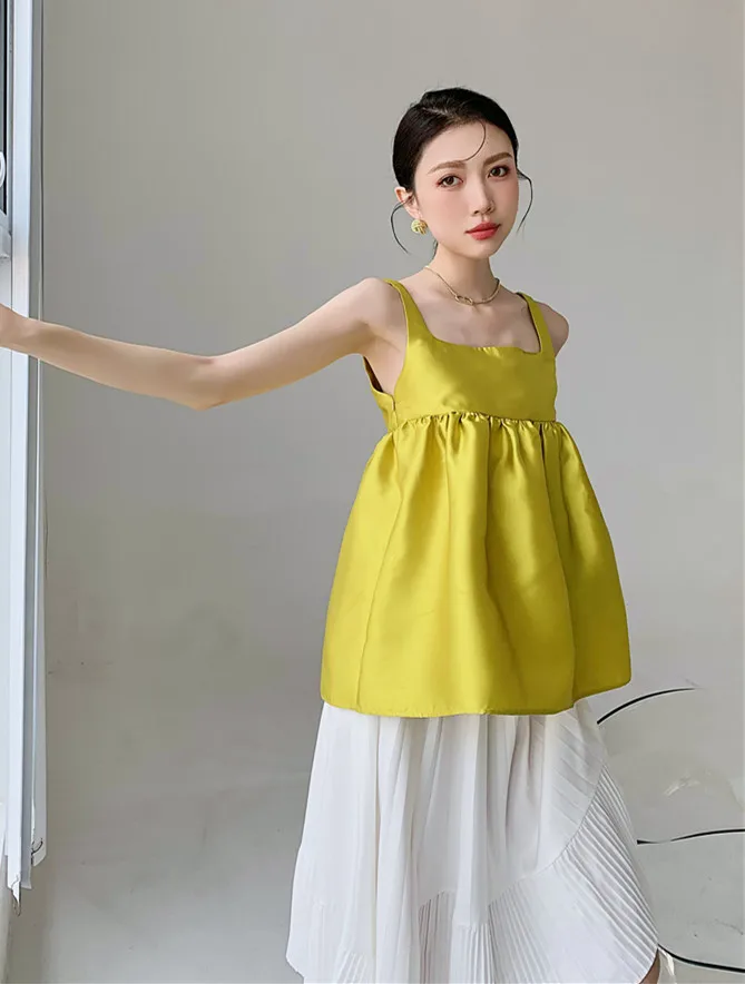 CHEERART Aur Galben Rezervor de Top Pufos Gât Pătrat Backless Ruched Top Haine de Vară Pentru Femei de Moda coreeană 2021 Haine de Sărbătoare