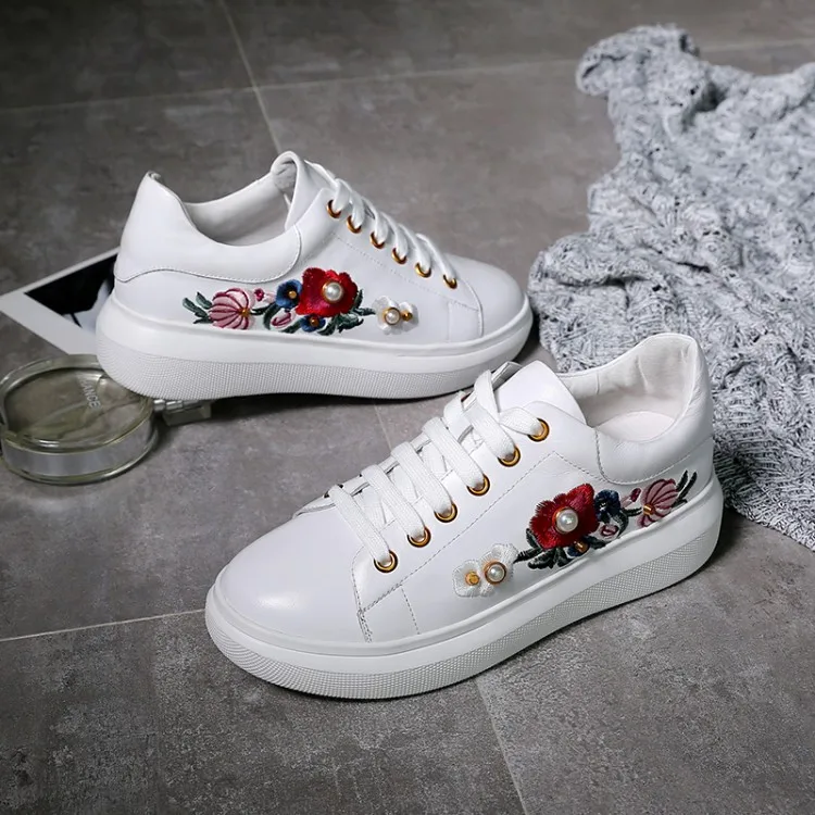 Femei Adidași 2019 Moda Floare Breathble Vulcanizat Pantofi din Piele Platforma Dantela-up Casual, tv cu Adidași de culoare Albă