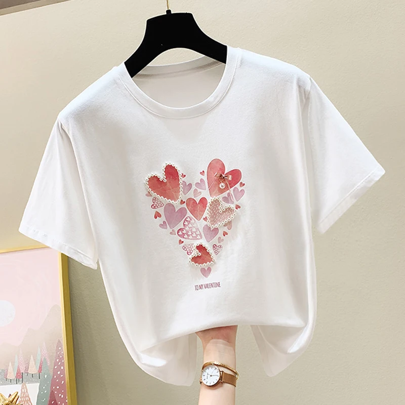 2021 Vara Femei Moda Coreeană Tricou Fete Maneci Scurte Designer Ștrasuri Din Mărgele De Dragoste Inima Model De Imprimare Tricou Femme Topuri Largi