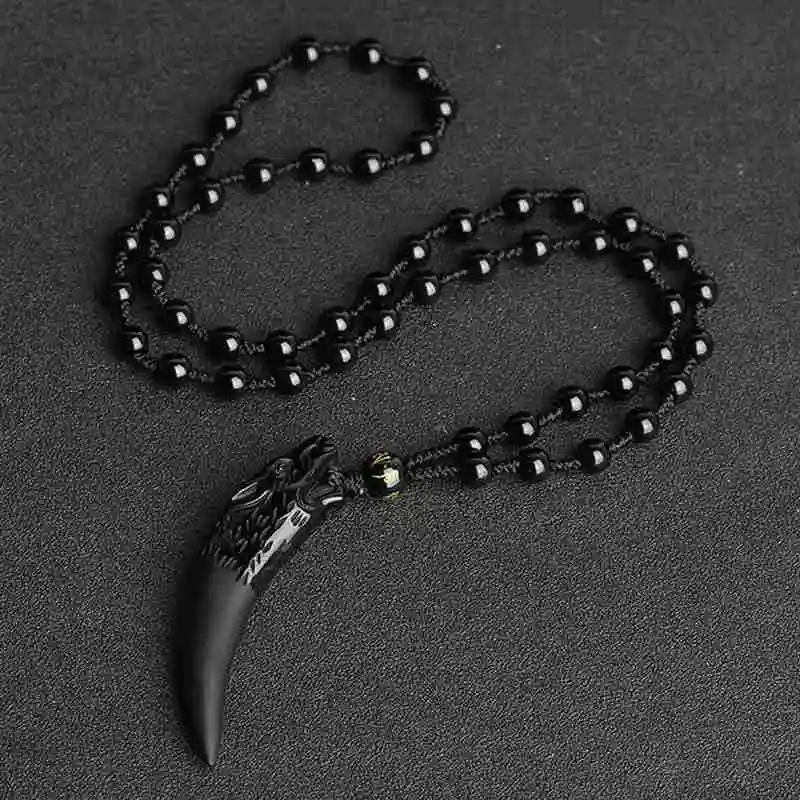 Naturale Obsidian Lup Dinte Pandantiv Colier Norocos Margele Coarda Două Coliere Amulete Talismane De Sănătate Bogat Colier Bijuterii