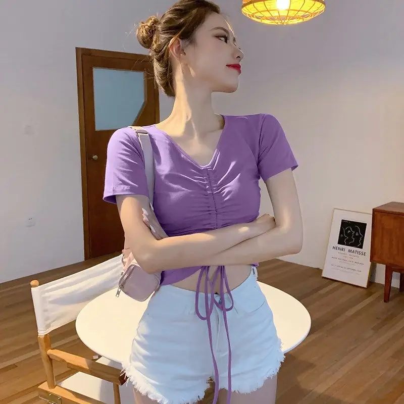 Violet Cordon T camasa pentru Femei V-neck Cămașă cu Mânecă Scurtă, Scurtă Strâns Femeie Tricouri Topuri Mujer Camisetas