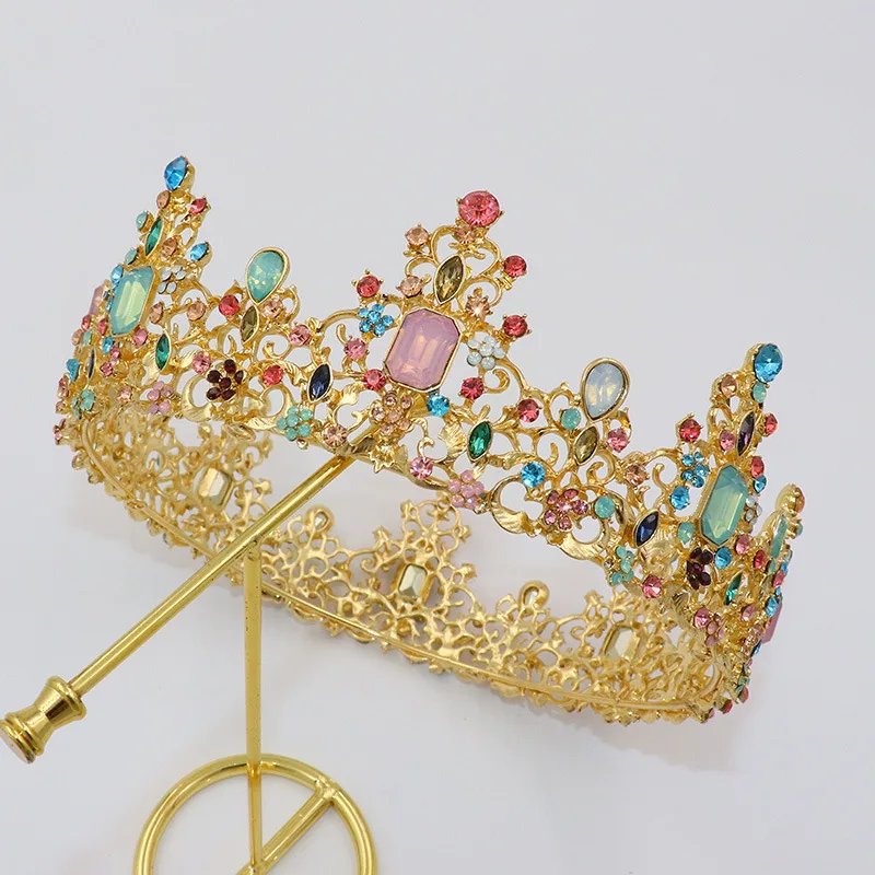 Vintage Baroc Bărbați Diademă De Mare De Cristal Colorate Rundă Completă Regele Balului Coroana De Nunta Concurs Regina Tiara De Mireasa De Păr Bijuterii