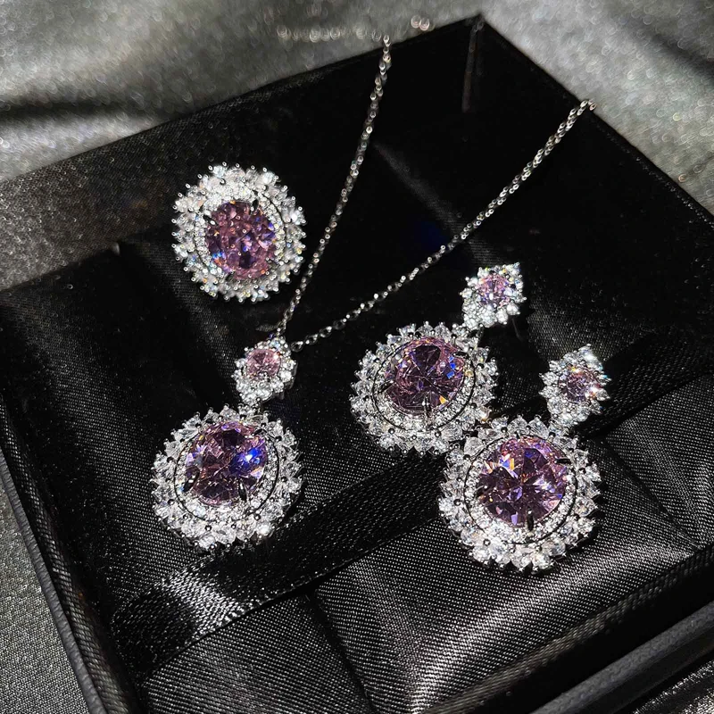 Moda S925 Set De Bijuterii De Lux Roz De Cristal Zircon Ovală Pandantiv Colier Cercei Neobișnuite Inel Pentru Femei De Nunta Petrecere