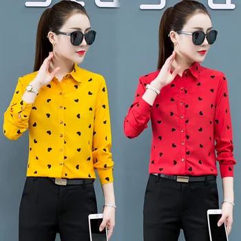 Moda coreeană Sifon Femei Tricouri Guler de Turn-down Bluza cu Maneca Lunga Birou Doamnă Button Up Shirt Vrac Doamnelor Topuri