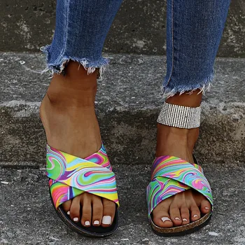 Moda Vaci Print Papuci Pentru Femei Vara Sandale Cu Deget De La Picior Deschis Doamnelor Pantofi Cu Tocuri Joase Plajă, Tobogane Femei Flip Flops