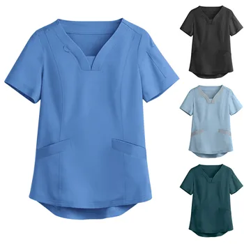Uniforma de vara Asistenta Femei Short Sleeve V-Neck Pocket Lucrătorii de Îngrijire a T-Shirt, Blaturi 2021 Sexy Moda suecos enfermera