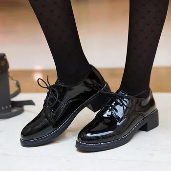 Noul Solide din Piele Pantofi Oxford pentru Femei Apartamente Dantelă Sus Pătrat Tocuri Joase Casual Pantofi pentru Femeie Pantofi de golf Plus Dimensiune Zapatos De Mujer