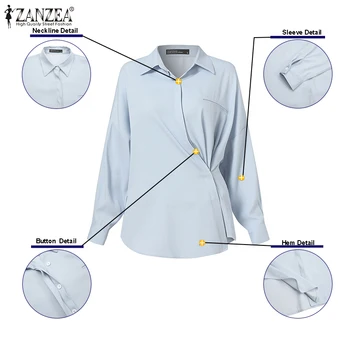 Femei Albastru Denim Bluza ZANZEA 2021 Primăvară Asimetrica cu Maneca Lunga Camasi Casual Solid Buton Rever Guler de Sus