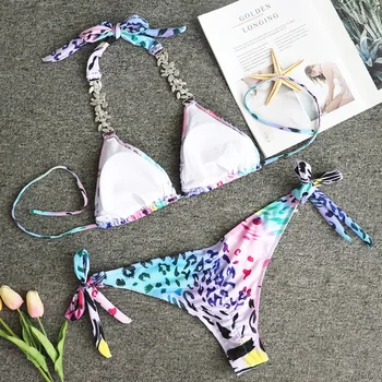 2021 Bijuterii Stras Leopard Bikini femei Goale Afară de costume de Baie Femei Costume de baie Tanga Diamant Bikini Set Costum de Baie Halter