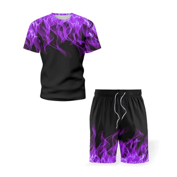 2021 Bărbați 3D Flacără T-shirt Set Harajuku Maneca Scurta Sport Casual Uzura Stradă Tendință Maneca Scurta + pantaloni Scurti