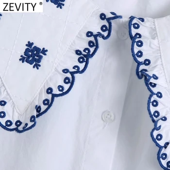 Zevity Femei Agaric Broderie Dantelă Mozaic Poplin Shirt Birou Doamnă Puff Maneca Bluza Casual Roupas Chic Combinezon Topuri LS9280