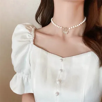 Fluture cristal Pandantiv Colier pentru Femei Ciucure Imitație Perla Cravată Colier Vintage Perle Bohemia Lanț de Partid Bijuterii