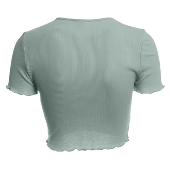 Femei de Moda Casual Bluza de Culoare Solidă Rotund Gat Scurt Lungime Crop Top cu Nervuri Maneca Scurta Tricou Slab