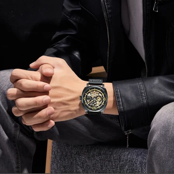 Automată 3d Design Gol Gravură de Aur Negru din Piele de Caz Schelet Ceasuri Mecanice Barbati Brand de Lux Heren Horloge