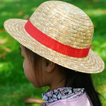 Una Bucata Capac Pălărie De Paie Șir Gât Luffy Plat Pălării Cosplay Desene Animate Japoneze Recuzită Pălărie Copil Red Stripe Beach Hat