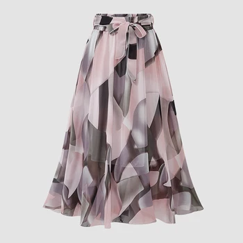 Femei Talie Mare Sifon Dantela-Up Midi Fusta Elegant Florale De Imprimare De Moda Coreeană 2021 Roz Fuste Casual De Vara Alb Streetwear