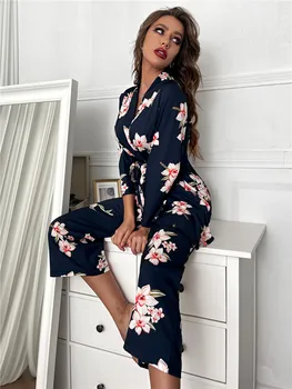 Vara femeii Sleepwear Imprimare Florale Rochie 3pcs Set Halat Pantaloni Lungi de Pijama Lounge Purta
