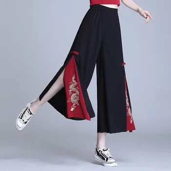 Negru Kung Fu Pantaloni Femei Șifon Vintage Stil Chinezesc Pantaloni Casual, De Vară 2021 Noi Harajuku Vrac Pantaloni Chinos De Mujer