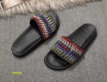 Cristal Bărbați CAUCIUC SLIDE-uri de femei de vară beach sandal slide pantofi doamnelor moda din Piele Web Impodobita Sandale Slide-uri Ieftine