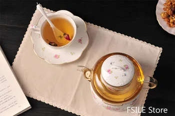 240ml FSILE Ceramice Grădină Relief Aur Roșu Ceai cu Ceasca si Farfurie Set Cană Cafea și Farfurie de Fructe și Flori Ceașcă de Ceai Set