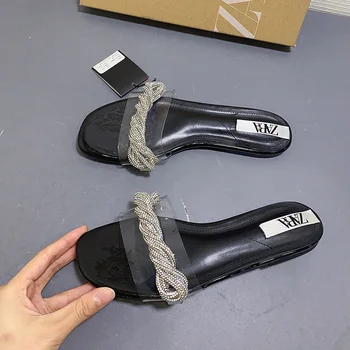 ZA papuci de casă 2020 nou de lichidare stras femei pantofi de plastic transparent cuvânt cu runda deget de la picior plat sandale joase și papuci de casă