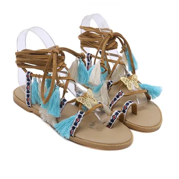 Sandale gladiator pantofi pentru femei ciucure plat multi blana de culoare minge pom pom sandale femei curea glezna pantofi de vara boem