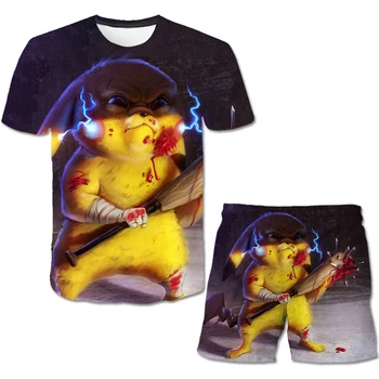 Fete Haine de Imprimare 3D Anime Pikachu T-shirt Colorat Fete Haine de Vară Fată Băiat Maneca Scurta +pantaloni Scurti 2-Bucata de Desene animate pentru Copii Costum