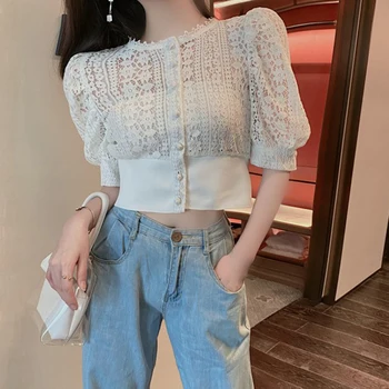 Puff Maneca Dantela Gol Afară De Alb Tricou Femei Topuri Coreean Bluze Sexy Femeie De Vară 2021 Noua Moda Solid Butonul Tricouri 13607
