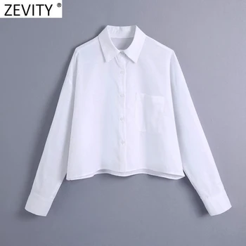 Zevity 2021 Femei pur și Simplu de Buzunar Patch-uri Solid Lenjerie Halat Bluza Office Lady Singur Pieptul Cămașă Casual Chic Blusas Topuri LS9452