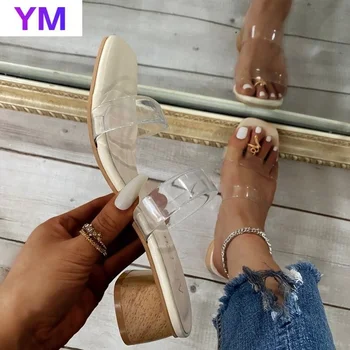 PVC Sandale Femei Deget de la picior Pătrat Clar Rotund Tocuri Stiletto Sexy Sandale Sandale de Vară 2021 Zapatos De Mujer Tacon 43 Transparent