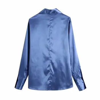 ZA 2021 Vara Femei Bluza din Satin Solidă Maneca Lunga Tricou Rândul său, în Jos Guler de sex Feminin Subțire Vrac Top Bluza Singur Pieptul