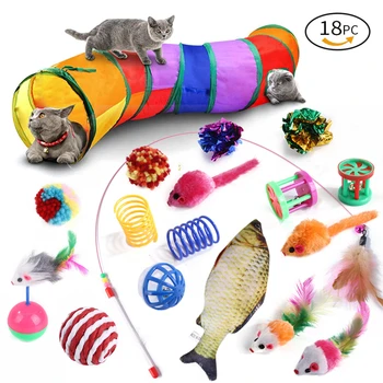 18 Buc Pisică Jucărie Interactiv Kit Pliabil Tunel Interior Pisoi Teaser Bagheta Soareci & Ball Pet Dinți Curat Distractiv Canal Catnip Pește