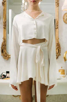 Alb Satin Elegant Culturilor Top Si Fusta 2 Set De Două Piese Femeile Lantern Mâneci Lungi Cardigan Sexy Talie Mare Fuste Mini Costum 2021
