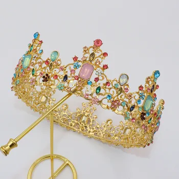 Vintage Baroc Bărbați Diademă De Mare De Cristal Colorate Rundă Completă Regele Balului Coroana De Nunta Concurs Regina Tiara De Mireasa De Păr Bijuterii