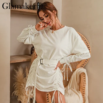 Glamaker Casual dantela-up alb vrac rochie Femei mozaic de iarnă centura rochie scurta 2020 club de partid o-gât chic rochie de bază 2020