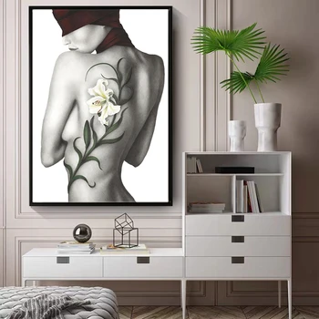 Alb Și negru Figura Postere si Printuri Sexy Nud de Fata cu Flori de Panza Pictura Arta Abstract Imagini de Perete pentru Camera de zi