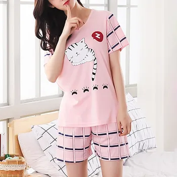Femei Drăguț Sleepwear 2 BUC Shirt și pantaloni Scurți de Pijama Set Imprimare Pijamale Desene animate Lenjerie Intima Pijamale Casual Homewear en-gros
