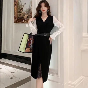 Coreeană Ediție 2021 Primăvară High-end Rochie de Femei de Moda Model Nou V Guler Mâneci Lungi Șifon Despicare Rochie Rochie de Dantelă