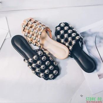 Moda Amelia Piele Sandale De Plaja Catâri Nit/ Pearl/ Cristal Împânzit Papuci Femei Plat Slide-Uri În Cuști Pantofi 44 Eur