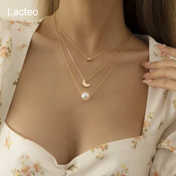 Lacteo 2021 Moda Trendy Luna Stele Pandantiv Colier Pentru Femei Boem Imitații De Perle Multi Strat Lanț Cravată Colier