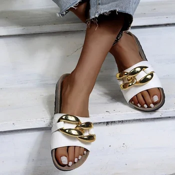 2021 Vara Femei Lanț de Metal Papuci de Moda sandale Pantofi de sex Feminin, în aer liber, Plajă de Cauzalitate Alunecare Pe Plat Non-alunecare Pantofi Pentru Femei