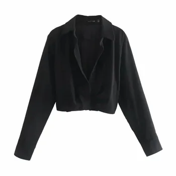 TRAF Za Femeie 2021 Negru Plisată Bluze Femei Culturilor de Sus Tricou de Vara pentru Femei cu Maneca Lunga Bluze V Gât Elegant Office Camasa
